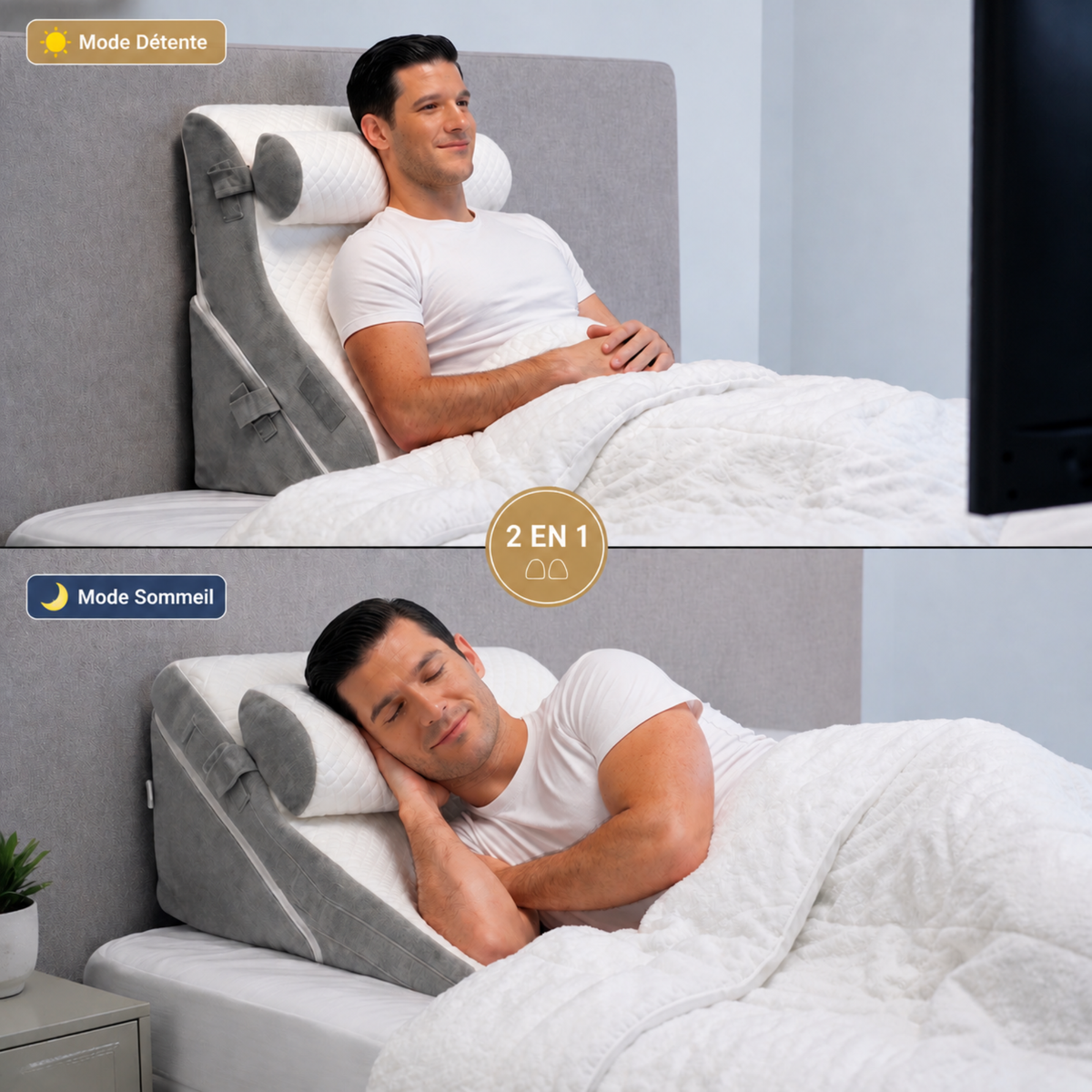Coussin ergonomique Nomadys en situation de télétravail au lit, soutien dorsal et lombaire pour travailler sans douleurs.