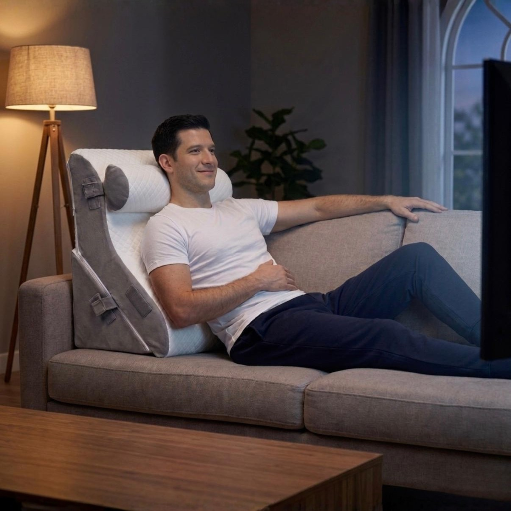 Coussin Nomadys Essentiel vue produit 5, surface antidérapante et poche latérale pour ranger télécommande ou livre.
