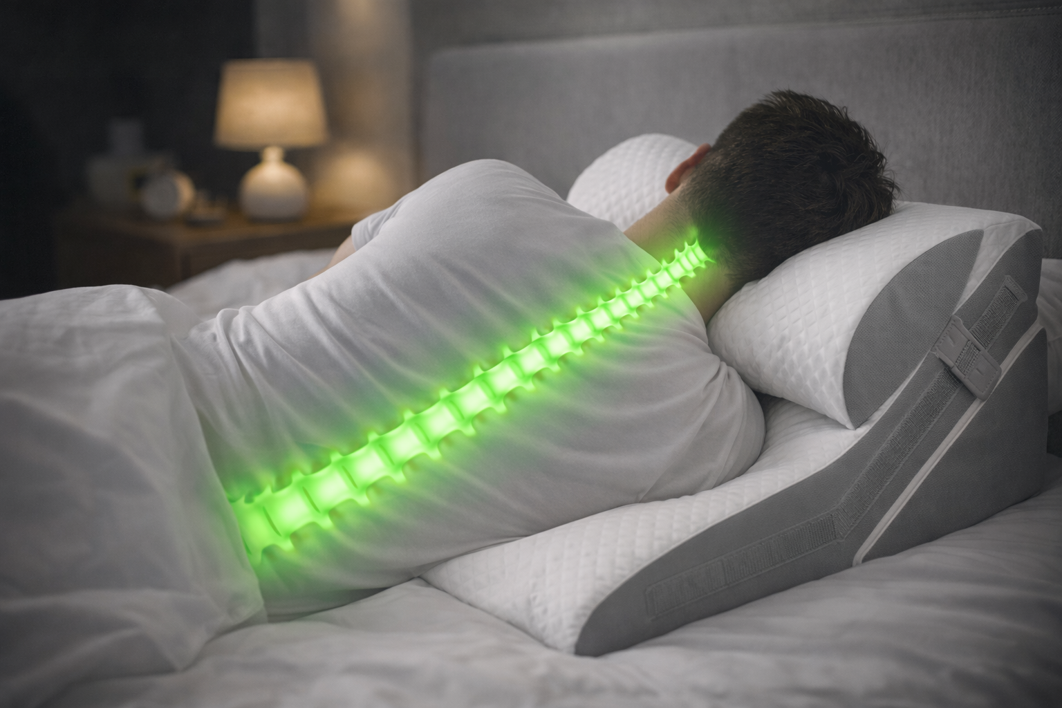 Homme couché sur le côté avec colonne vertébrale alignée en vert grâce à un coussin ergonomique inclinable.
