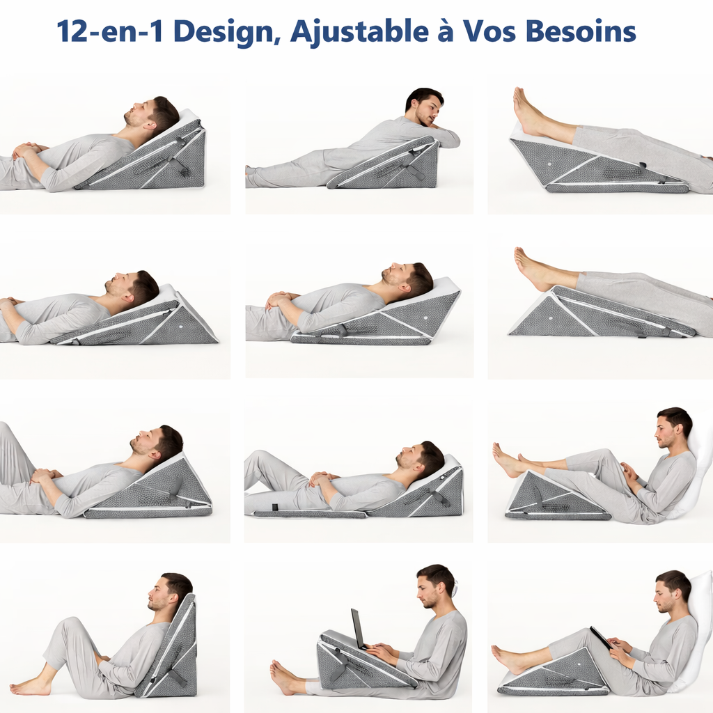 Coussin ergonomique incliné proposant douze positions ajustables pour dormir, lire, travailler ou surélever les jambes.