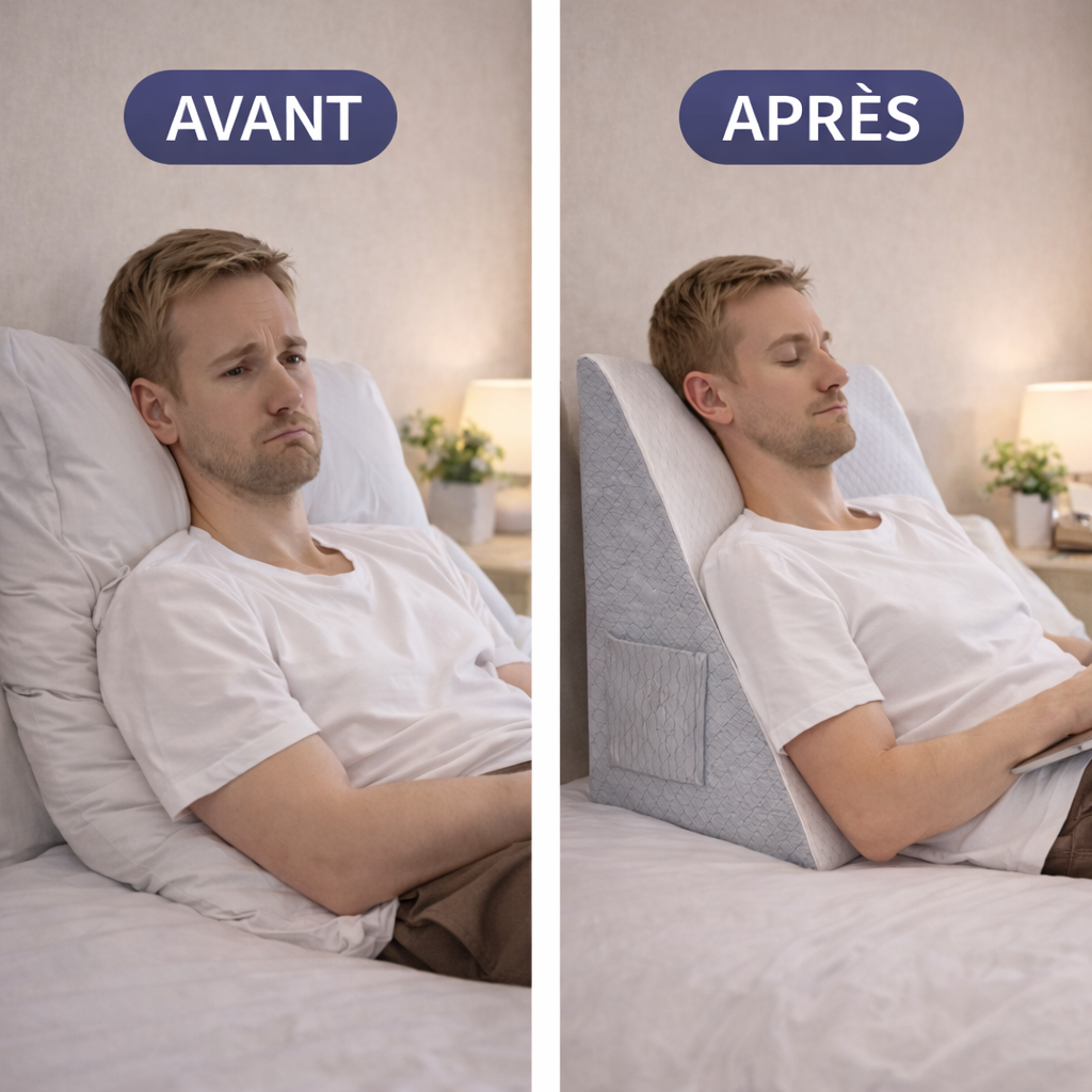 Comparaison avant-après montrant un homme sans coussin puis avec un coussin ergonomique incliné soulageant son dos.