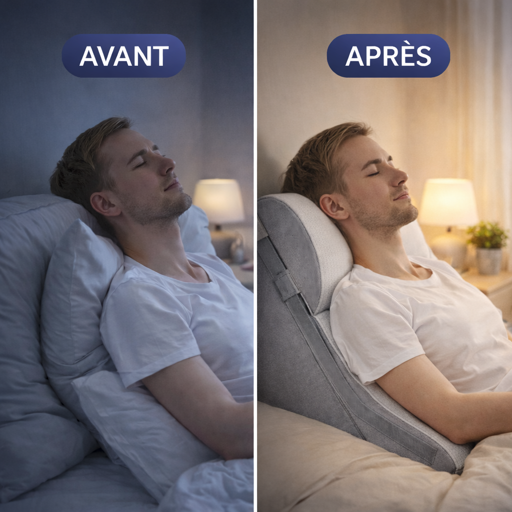 Comparaison avant-après montrant un homme sans puis avec un coussin ergonomique incliné soutenant la tête et la nuque.