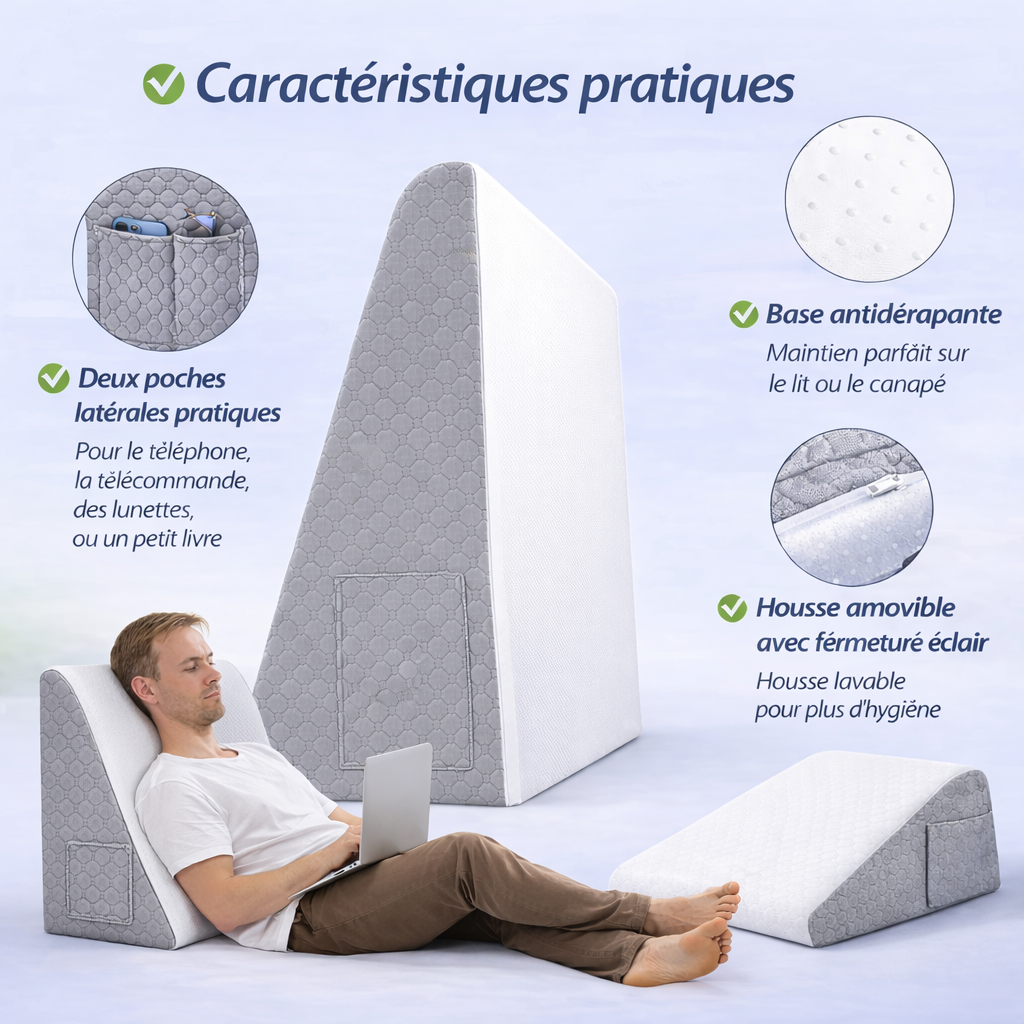 Coussin ergonomique incliné avec poches latérales, base antidérapante et housse amovible lavable, illustré avec un homme travaillant dessus.