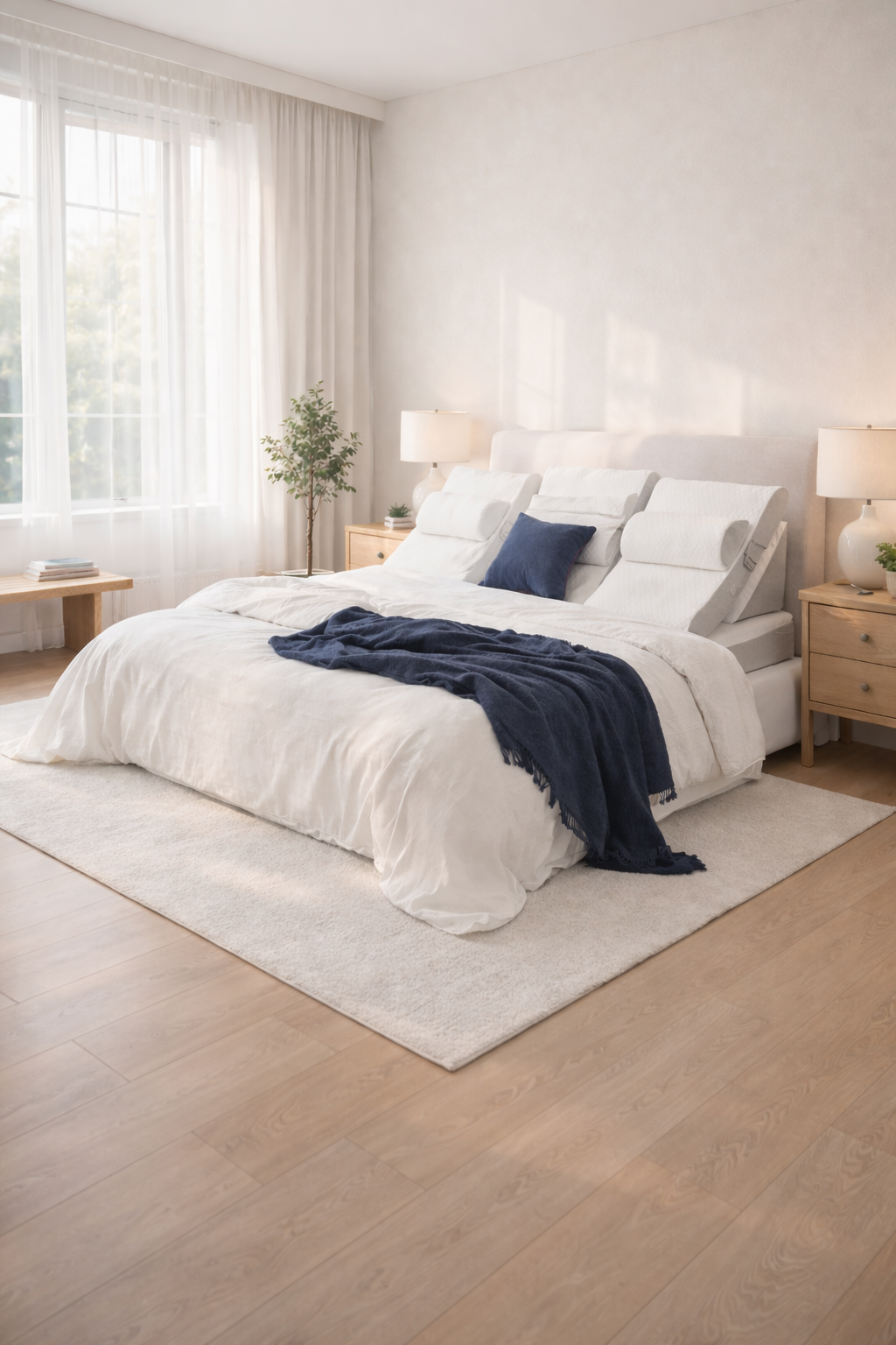 Coussins ergonomiques inclinés installés sur un lit dans une chambre lumineuse pour améliorer le confort nocturne.