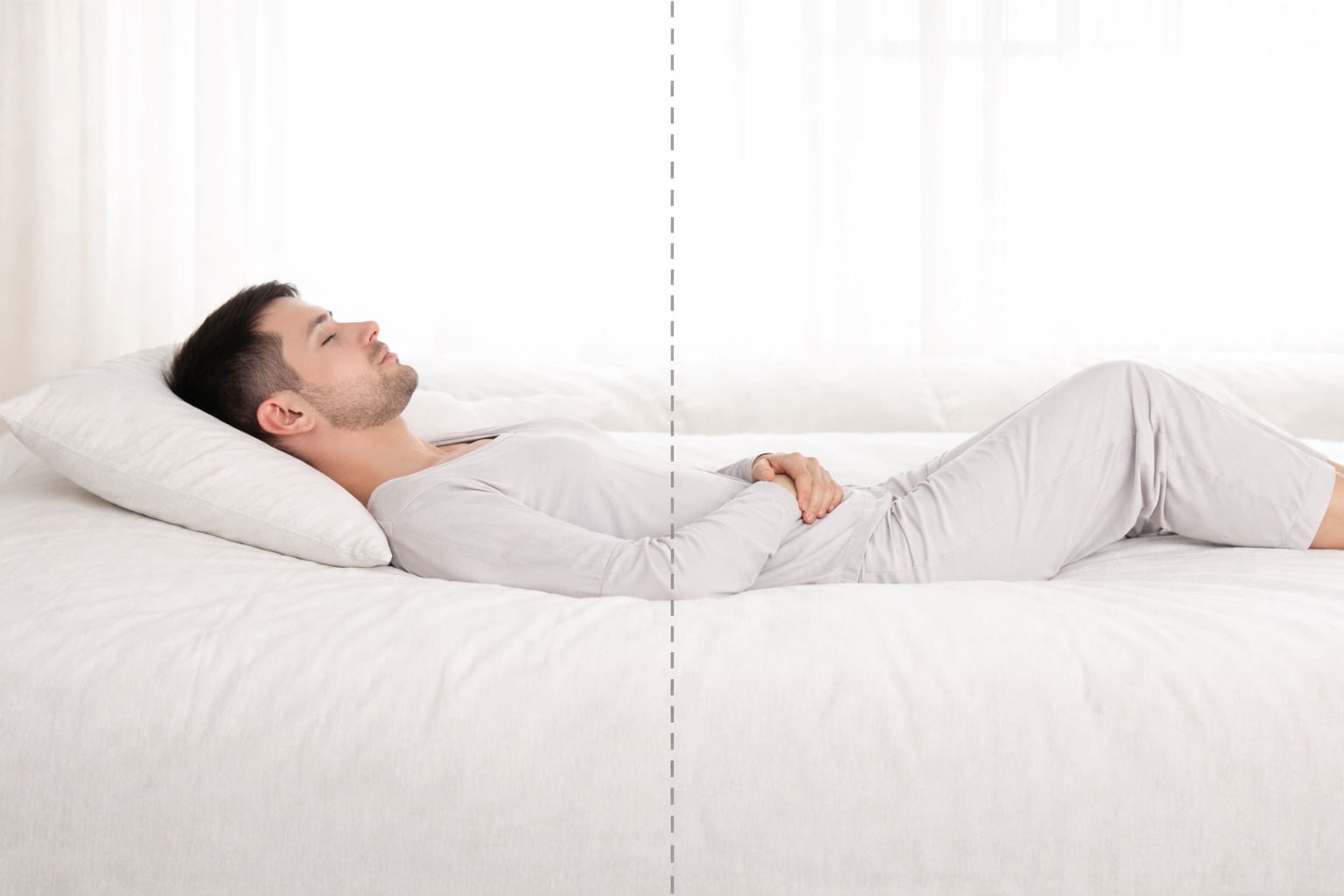Homme allongé à plat sur un lit sans coussin ergonomique pour illustrer la différence avec une position inclinée.