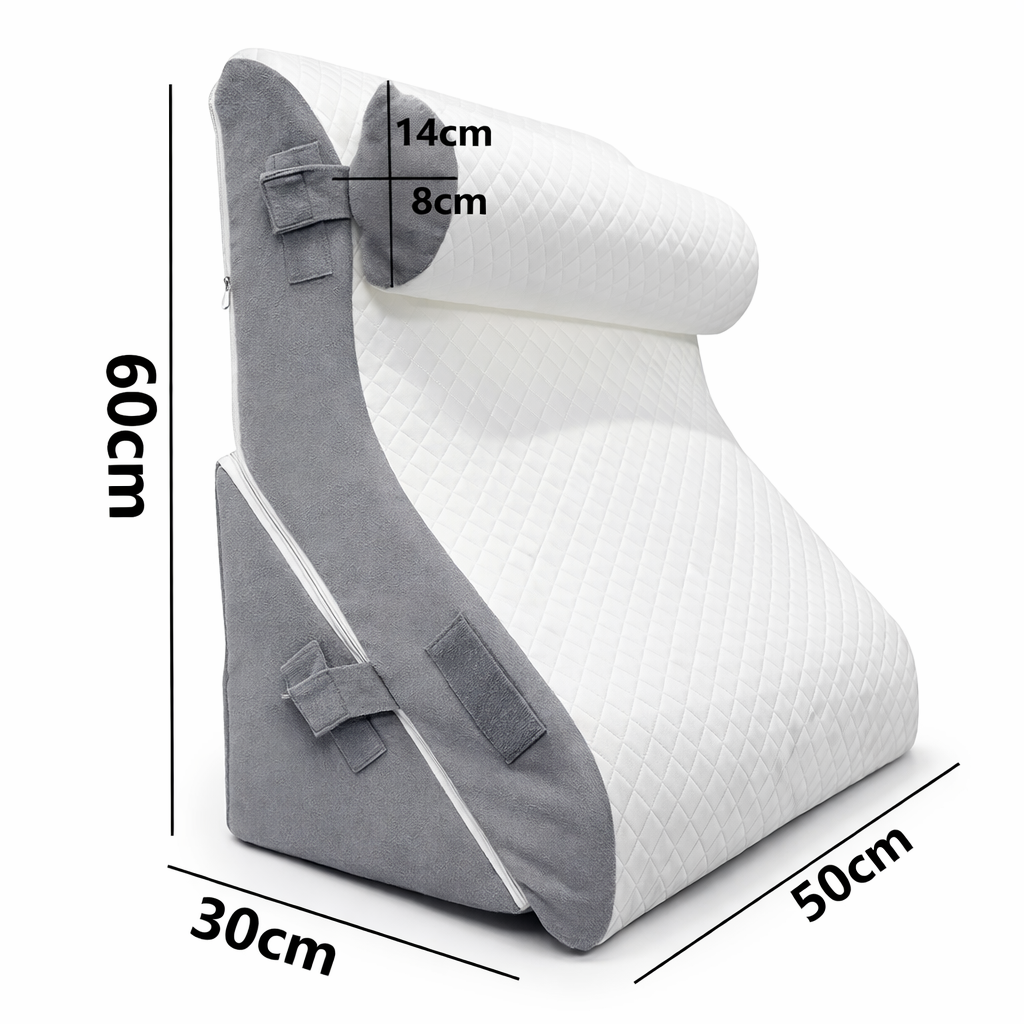 Coussin ergonomique incliné avec dossier relevable et dimensions 90 x 50 x 30 cm affichées.