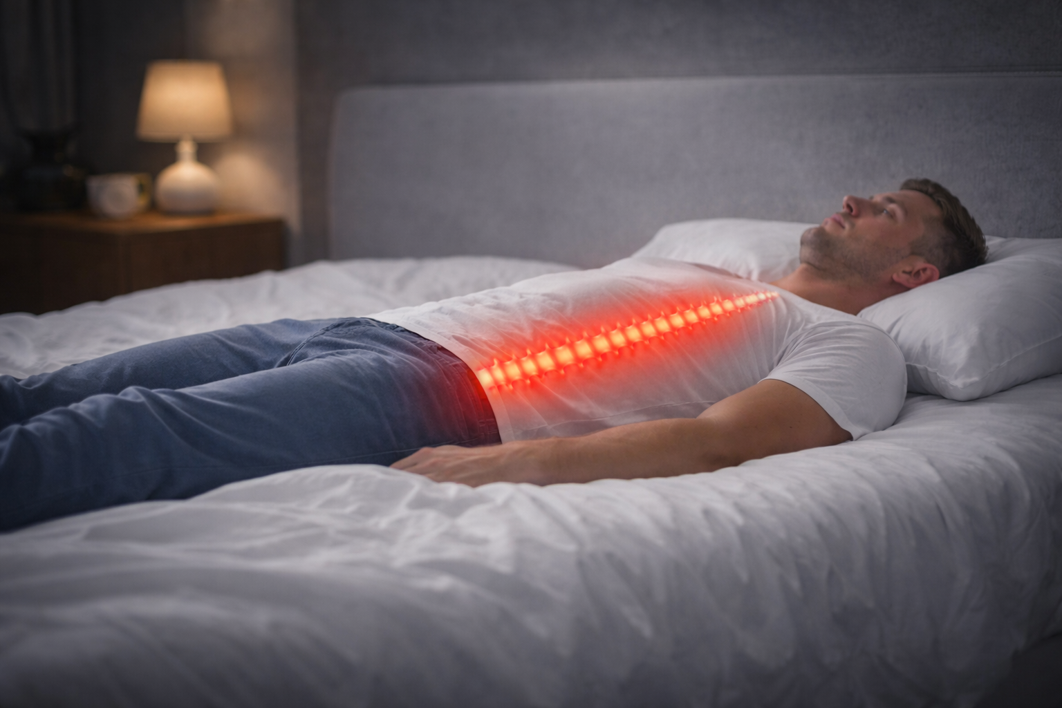 Homme allongé sans coussin ergonomique montrant un mauvais alignement de la colonne vertébrale en rouge.