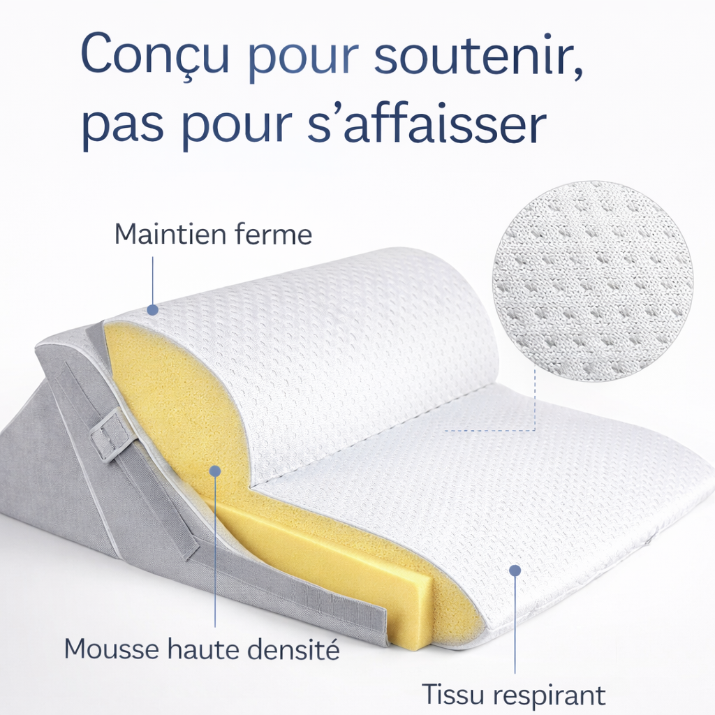 Coussin ergonomique incliné avec mousse haute densité, maintien ferme et tissu respirant pour un soutien durable.