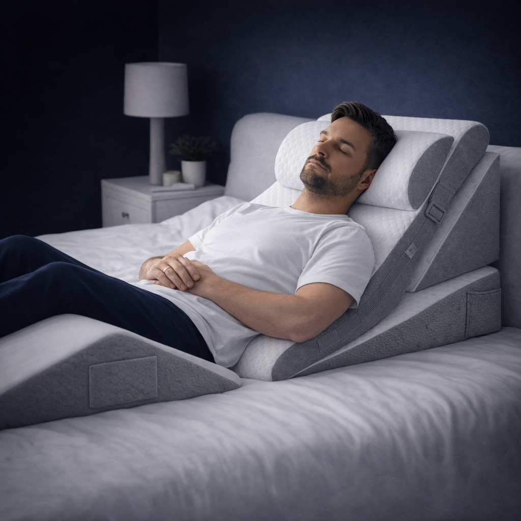 Homme dormant dans une position inclinée avec un coussin ergonomique soutenant le buste et les jambes pour un meilleur sommeil.