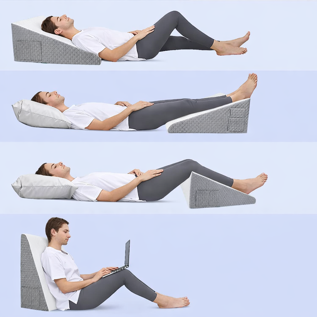 Coussin ergonomique incliné utilisé dans différentes positions pour dormir, surélever les jambes ou travailler assis