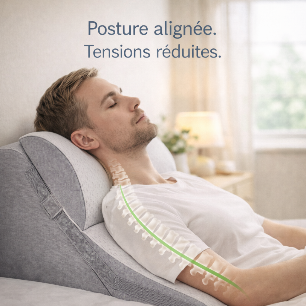 Homme soutenu par un coussin ergonomique incliné montrant une posture alignée et une réduction des tensions cervicales et dorsales.