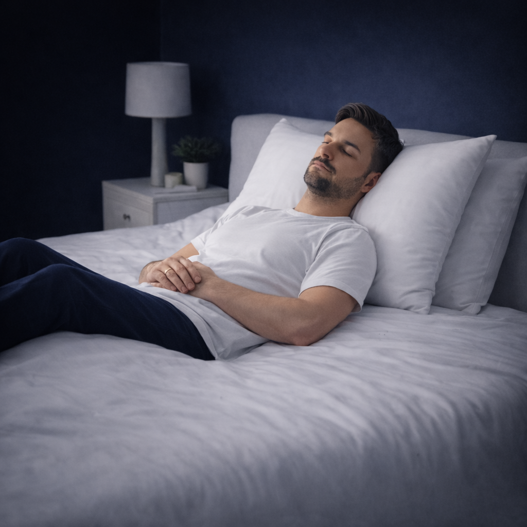 Homme dormant sur un lit avec un coussin ergonomique incliné pour améliorer la respiration et réduire le reflux la nuit.