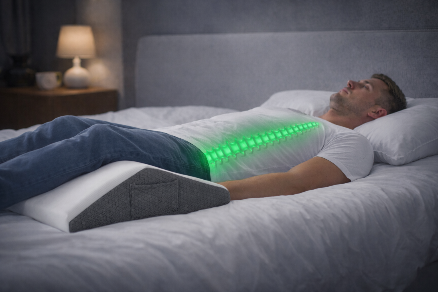Homme allongé avec un coussin ergonomique sous les jambes montrant un alignement amélioré de la colonne vertébrale.
