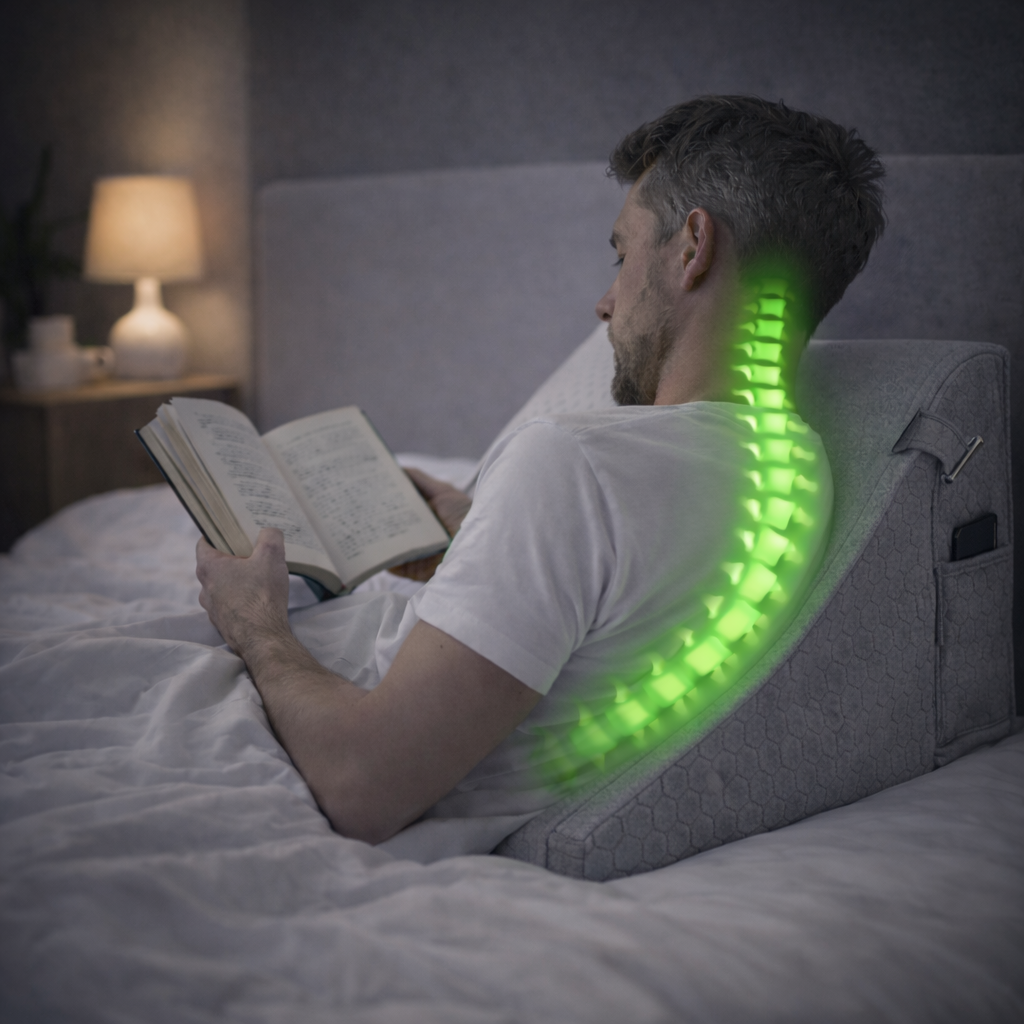 Homme lisant dans son lit avec un coussin ergonomique incliné soutenant le dos et les lombaires.