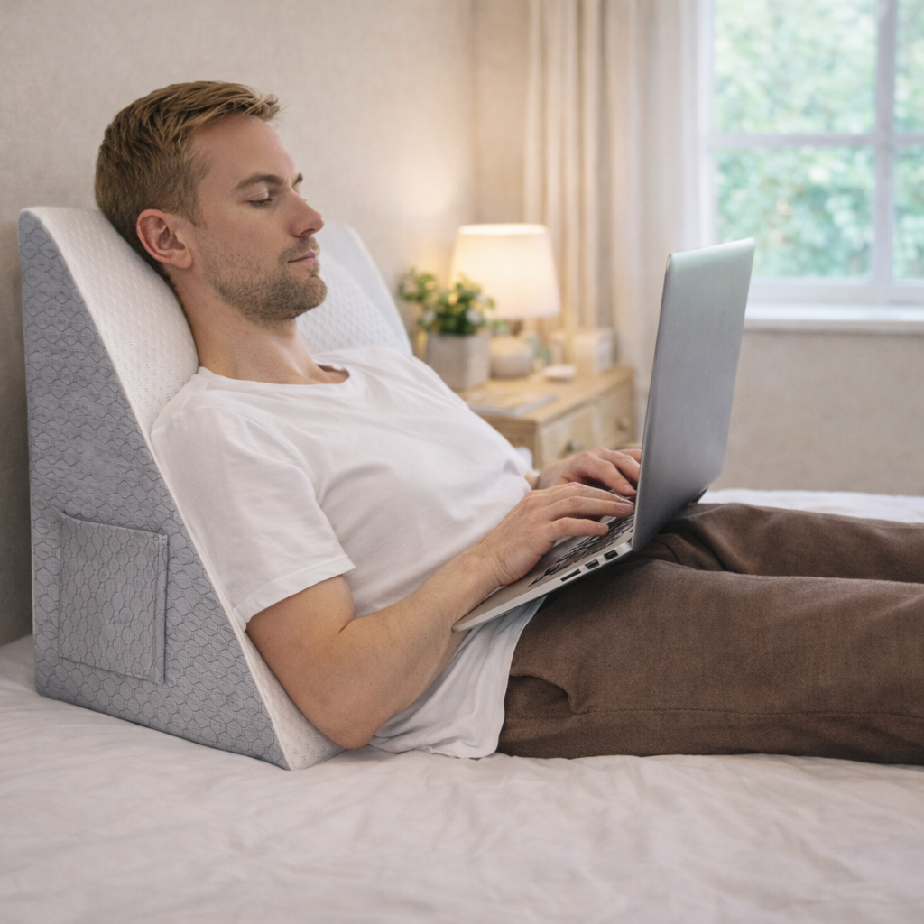 Homme travaillant sur un ordinateur portable tout en étant soutenu par un coussin ergonomique incliné dans son lit.