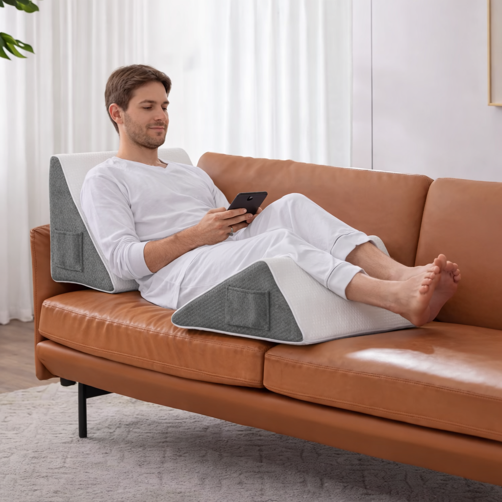 Homme assis sur un canapé utilisant un coussin ergonomique incliné pour surélever les jambes et se détendre.