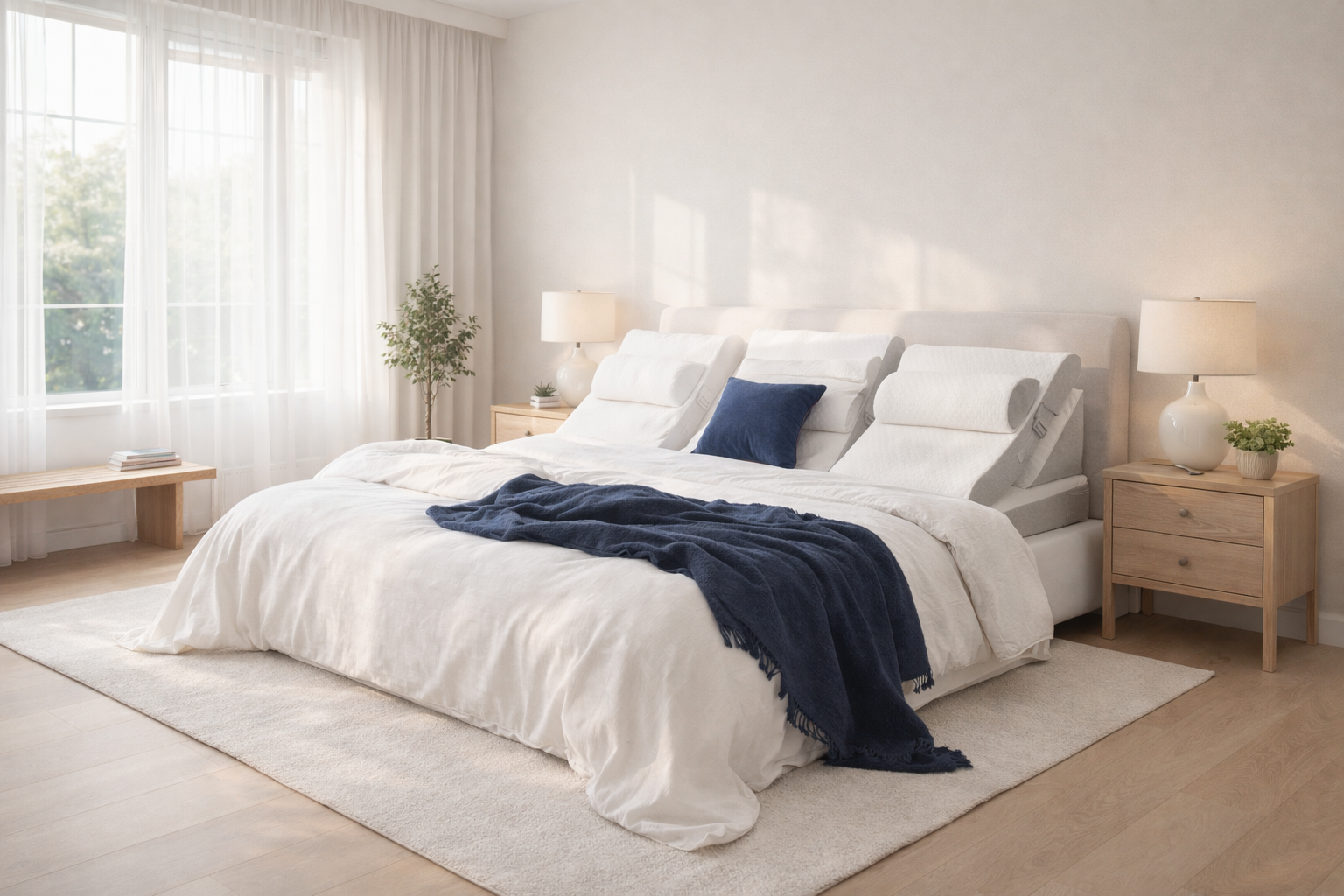 Chambre lumineuse avec un lit équipé de coussins ergonomiques inclinés pour le soutien du dos et du cou. Image