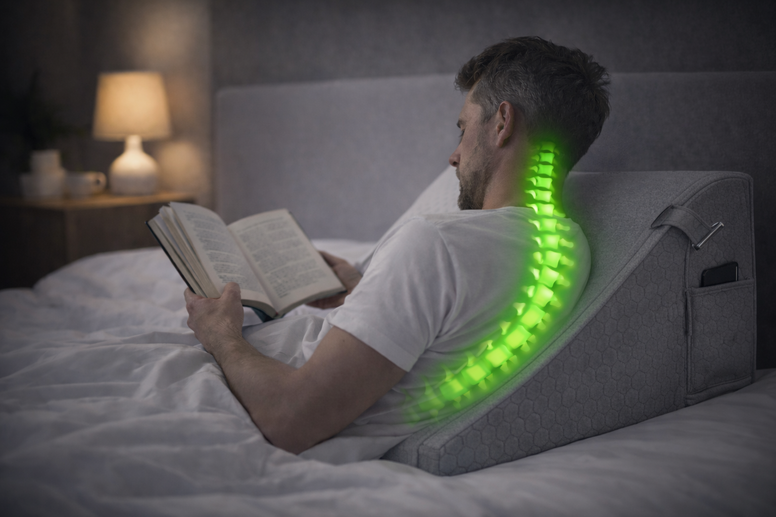 Homme lisant au lit avec un coussin ergonomique triangulaire assurant un bon maintien du dos, colonne vertébrale alignée en vert.