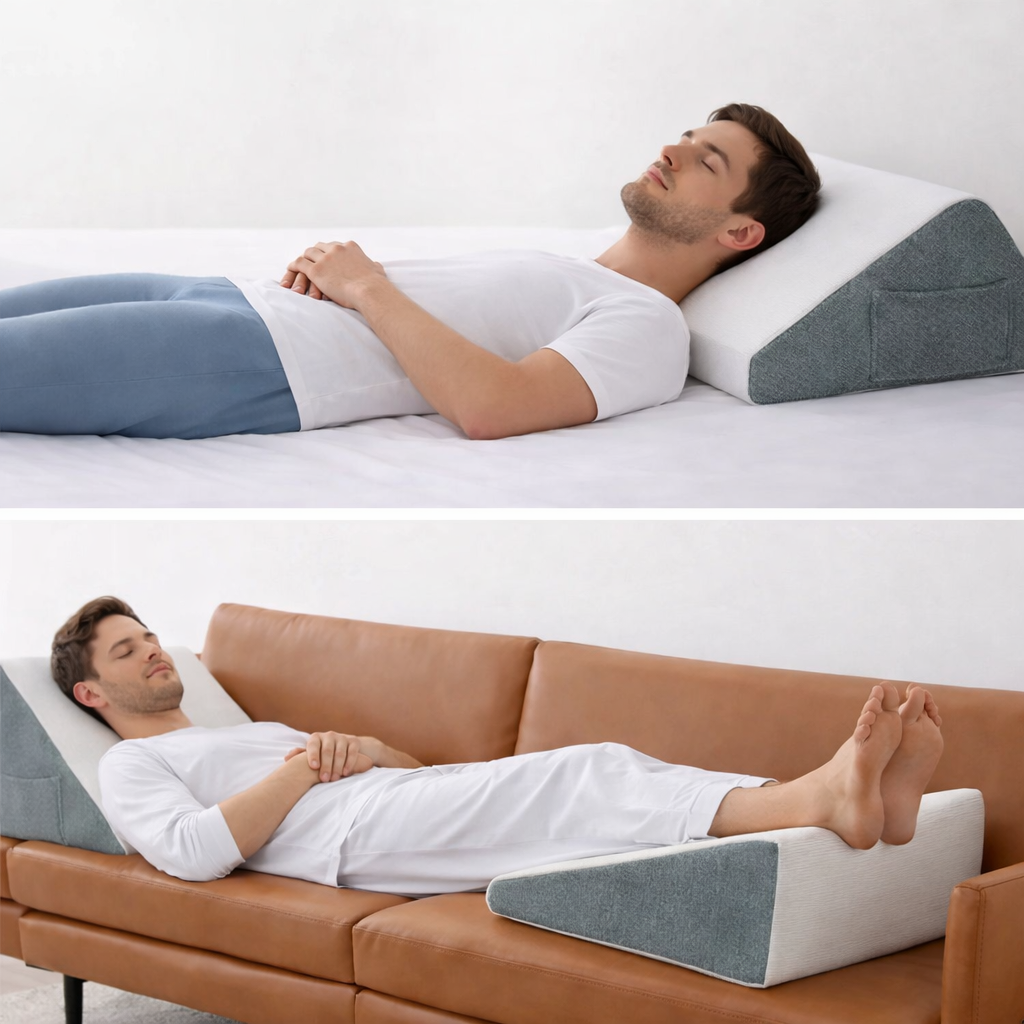 Coussin ergonomique incliné en mousse à mémoire de forme pour soulager les douleurs du dos et améliorer la circulation des jambes, utilisation sur lit et canapé