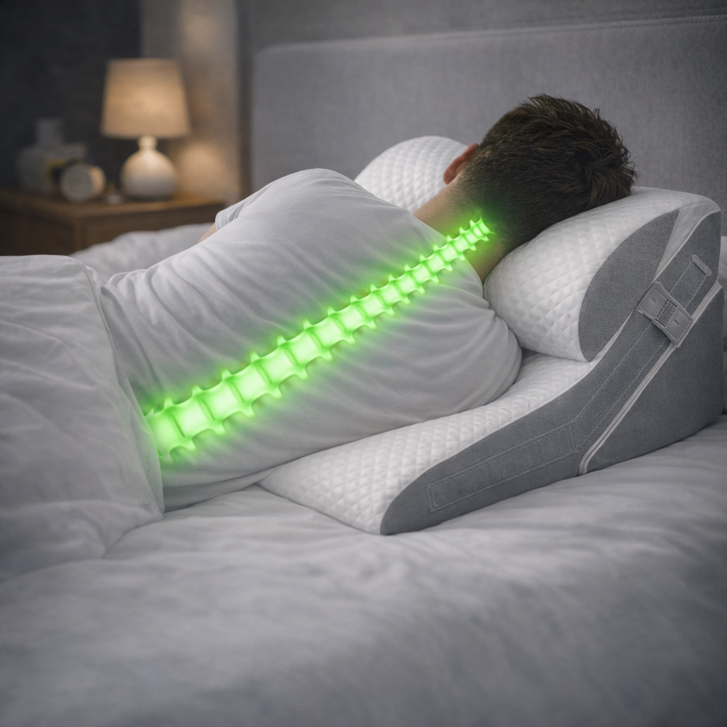 Homme allongé sur un coussin ergonomique inclinable avec soutien de la colonne vertébrale pour un meilleur alignement du dos.