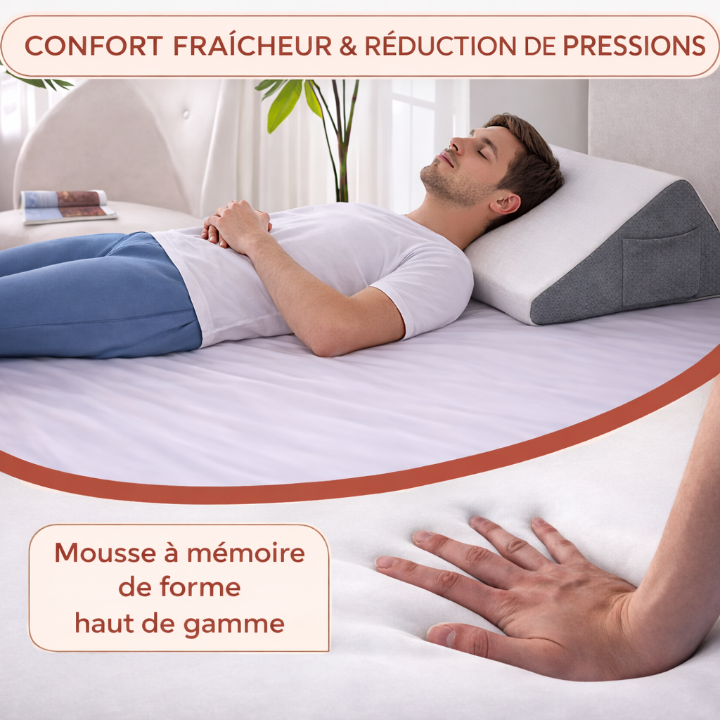 Coussin incliné en mousse à mémoire de forme offrant confort, fraîcheur et réduction des points de pression pour soulager le dos et améliorer la circulation