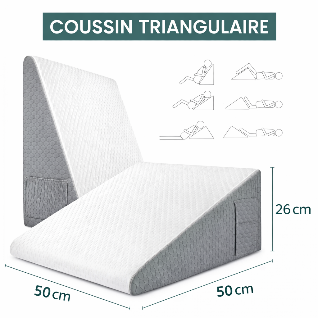 Coussin triangulaire ergonomique avec dimensions 50x50x26 cm et schémas montrant différentes positions d'utilisation.