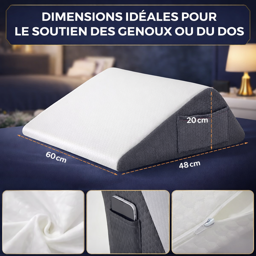Coussin ergonomique triangulaire avec dimensions 60×48×20 cm, poche latérale et housse amovible, conçu pour le soutien des genoux ou du dos.