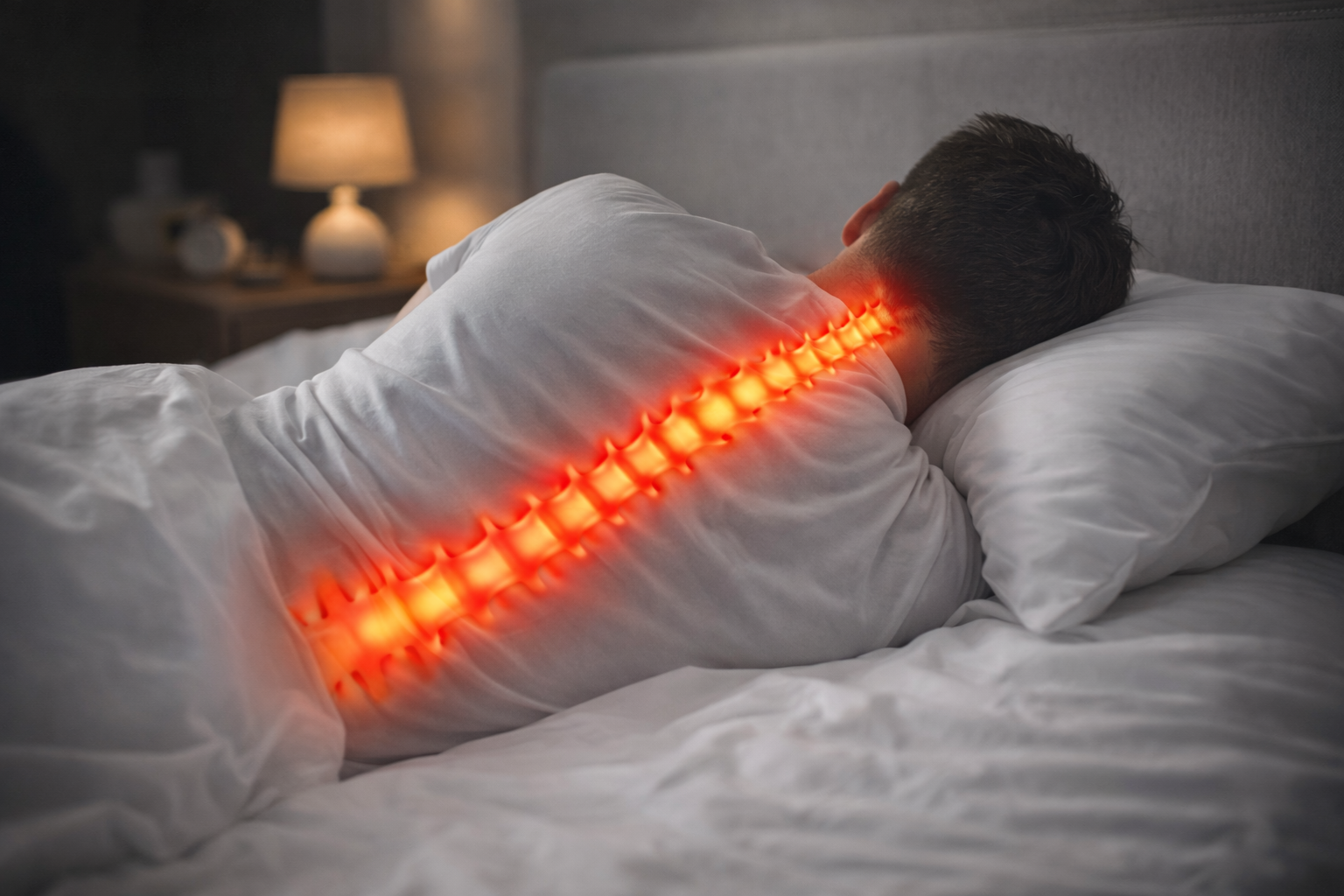 Homme couché sur le côté avec mauvaise posture illustrée par colonne vertébrale rouge indiquant des douleurs dorsales.