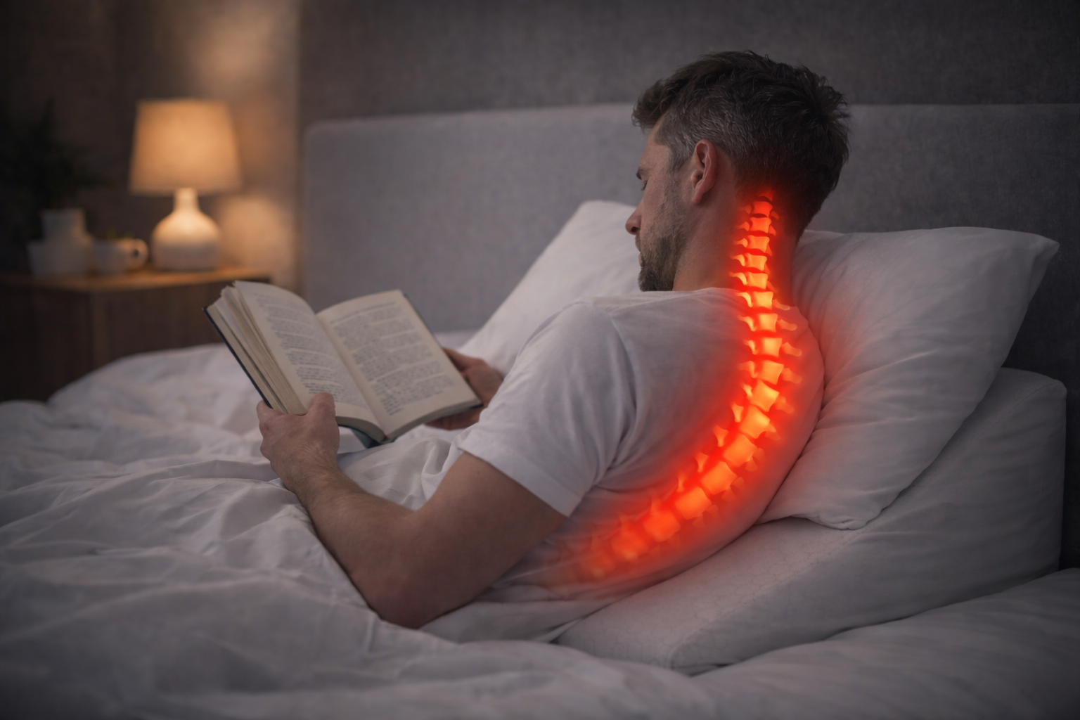 Homme lisant au lit avec un mauvais soutien du dos, illustré par une colonne vertébrale rouge courbée montrant une posture néfaste.