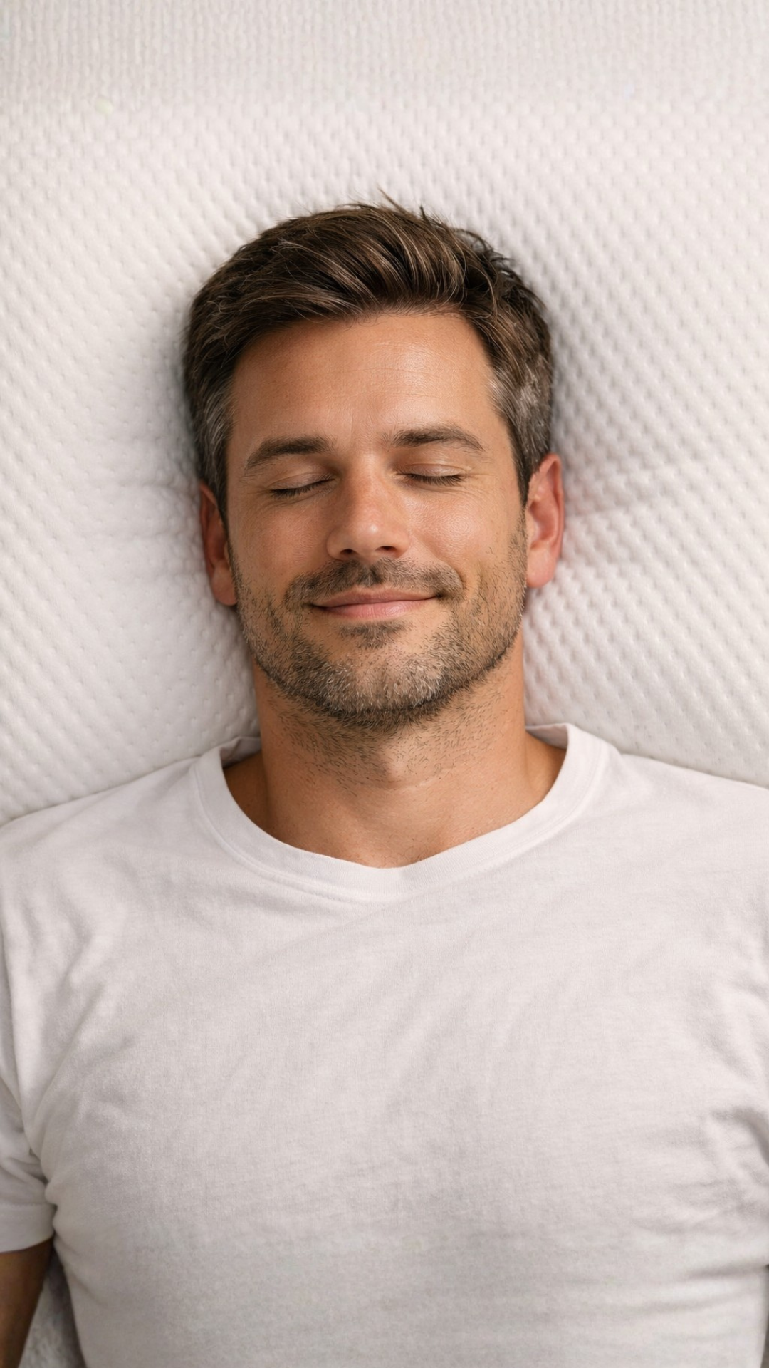 Homme souriant et reposé après une nuit de sommeil réparateur grâce à l'oreiller cervical ergonomique Nomadys